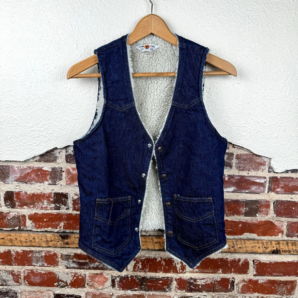 Vintage Tom Cat Nine Lives Jacket Sz Small Dark Wash Denim Vest Sherpa Lined 70s